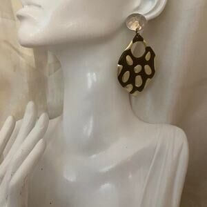 Vintage DON-LIN 70s Oversized Brown Enamel Earrings Gold Tone Sculptural